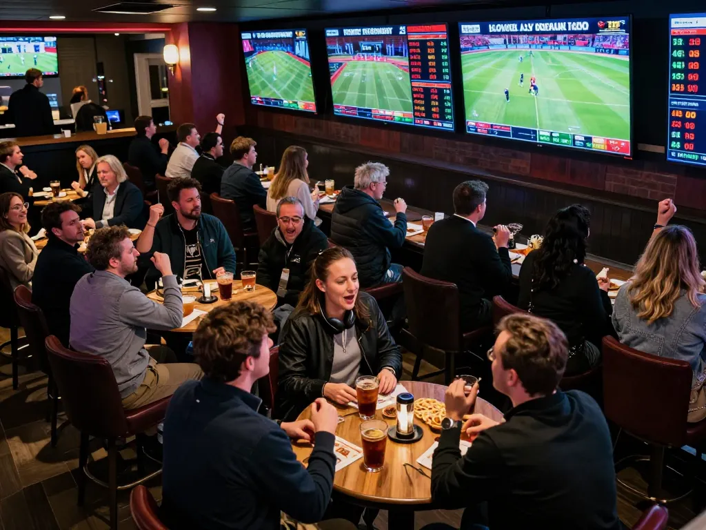 Fabet sports betting excitement with vibrant crowd and live game screens.