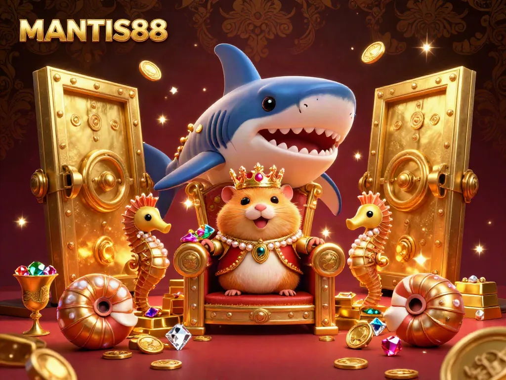 MANTIS88 engages players with a lavish 3D casino scene featuring a golden hamster king and treasures.