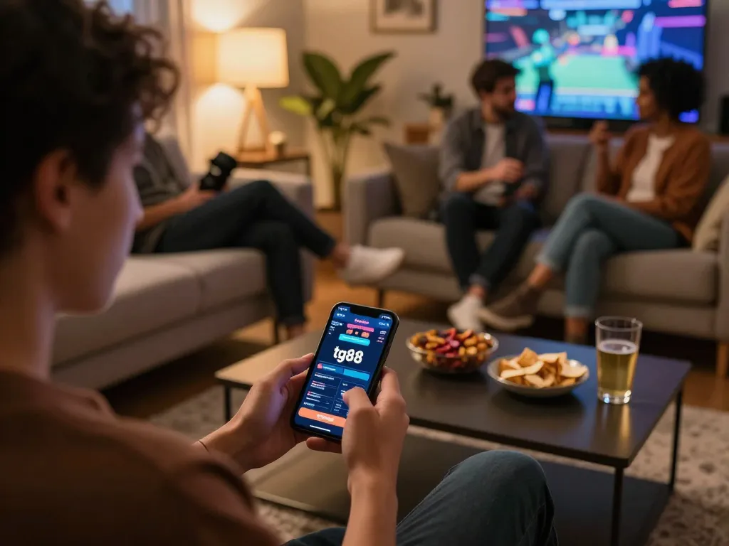 Engaging online gaming scene with tg88 casino app on smartphone in a cozy living room.