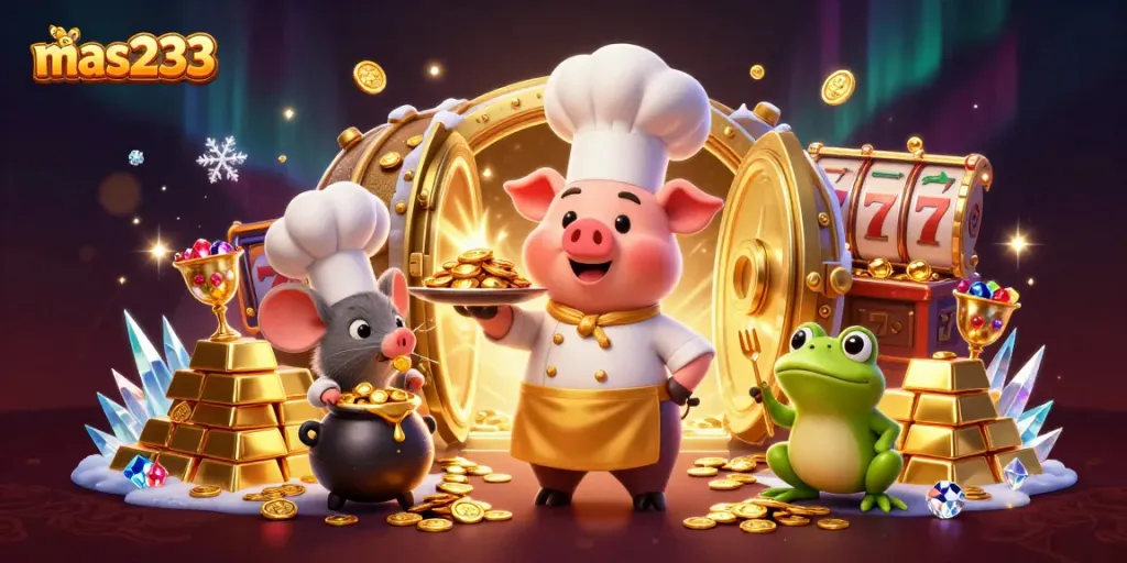 Gambar animasi 3D menggambarkan mas233 dengan koki babi dan permen jackpot emas menjulang.
