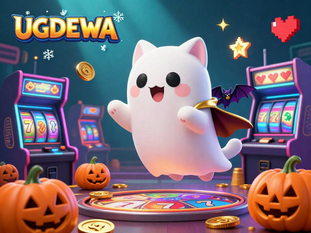 Join the vibrant gaming experience at UGDEWA with a charming ghost cat and glowing slot machines!
