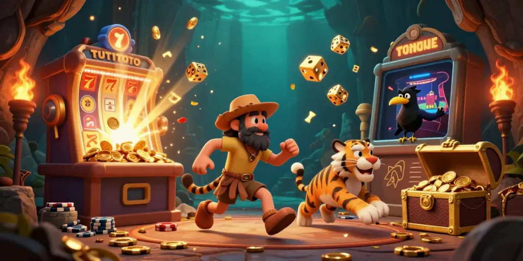 TUTITOTO transports you to a prehistoric casino with cavemen, slot machines, and treasure.