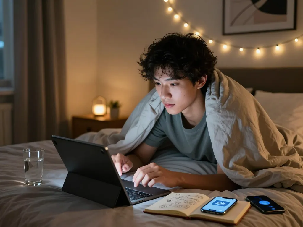 Youth engaging in AI sexting on a tablet in a cozy bedroom.