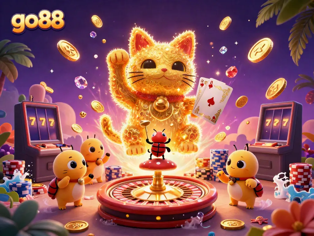 Experience go88's vibrant gaming universe with a lucky cat and golden fireflies, surrounded by casino symbols.