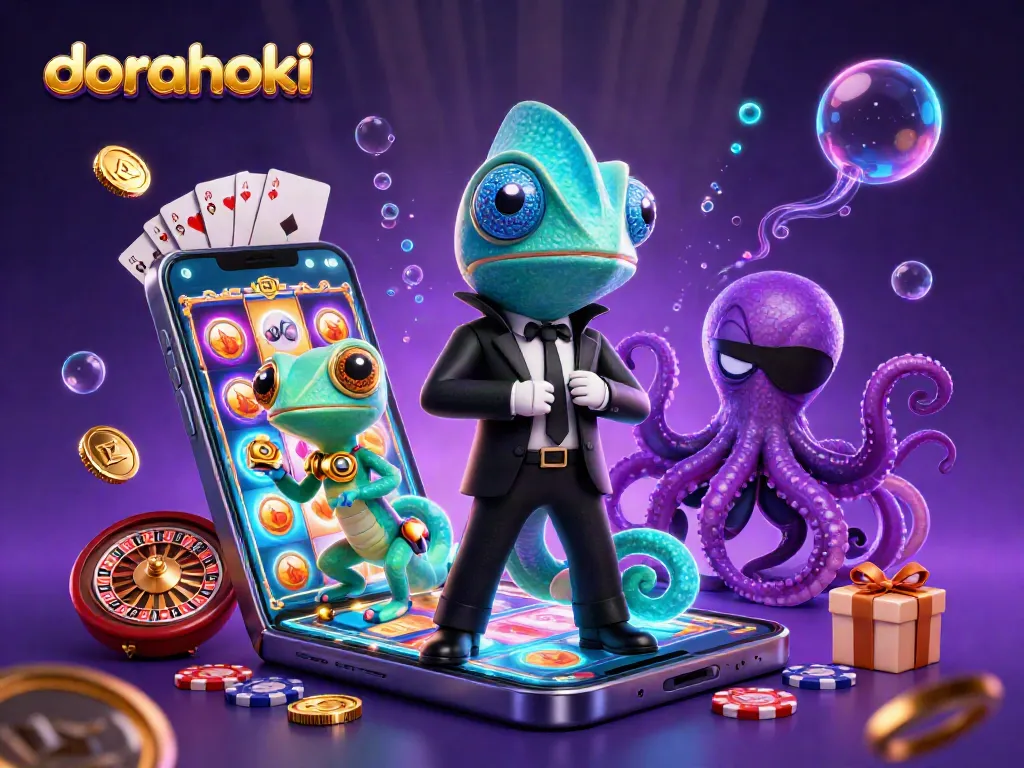 Dorahoki menampilkan agen rahasia chameleon dalam permainan kasino bertema slot yang penuh warna.