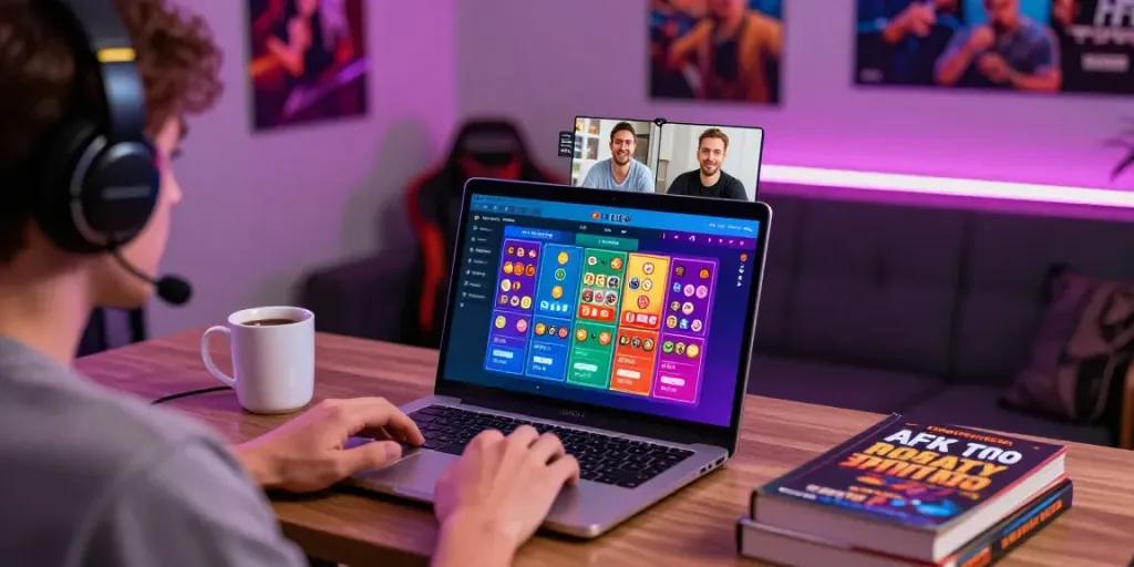 Pengguna AFK Toto menikmati sesi permainan online dengan laptop dan headset, menciptakan suasana seru.