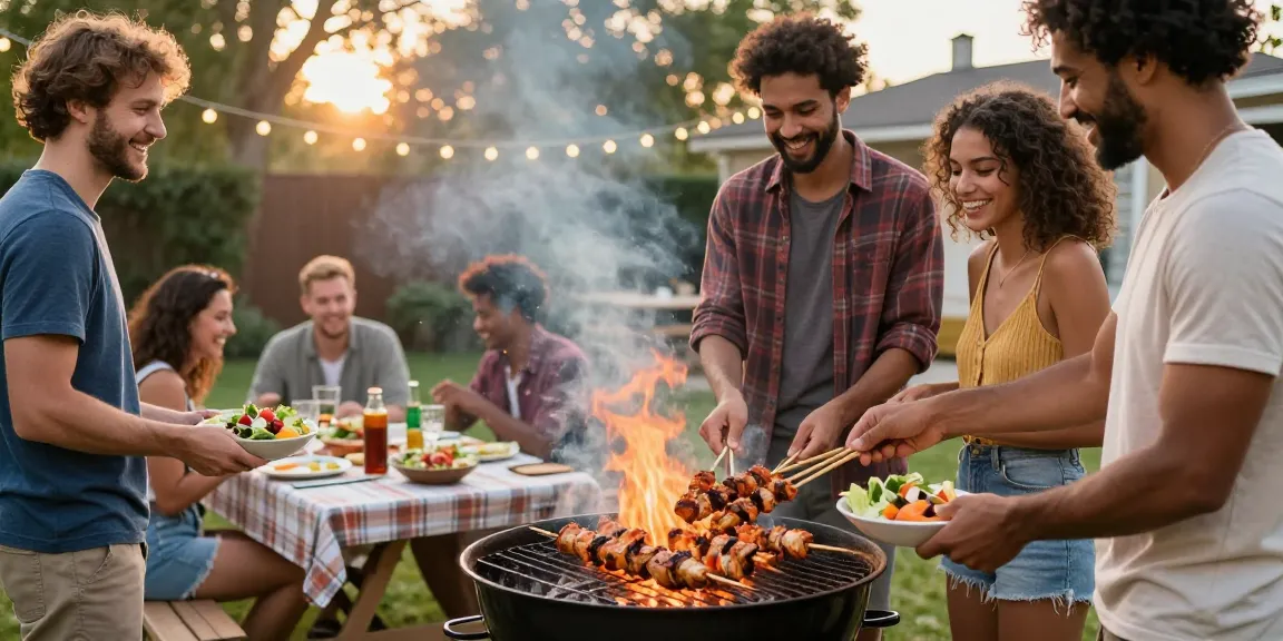Suasana BBQ ramai dengan teman-teman menikmati hidangan BOS88 di halaman belakang