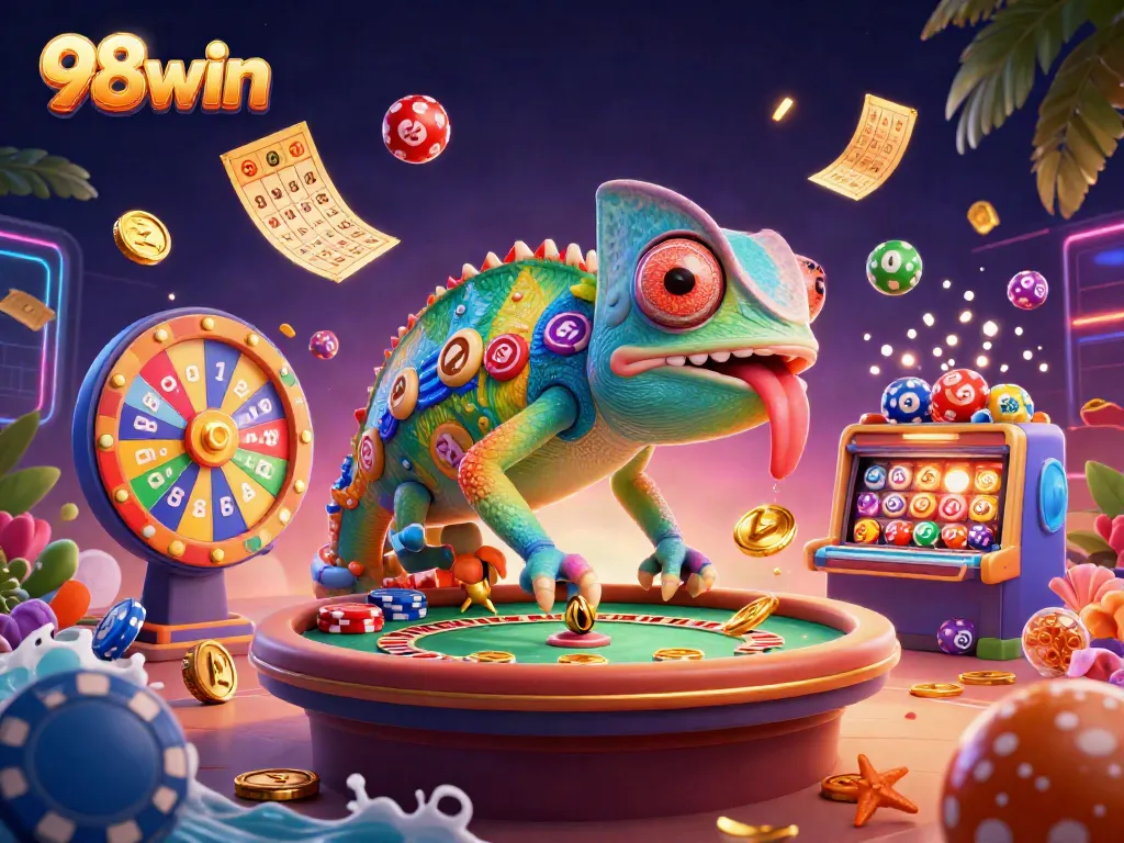 Engage with the dynamic casino scene of 98win, featuring thrilling game elements and vibrant colors.