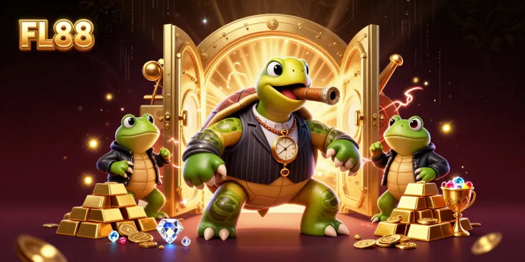 FL88 casino experience featuring a cartoon turtle and bullfrog enforcers amidst treasure, showcasing dynamic gaming elements.