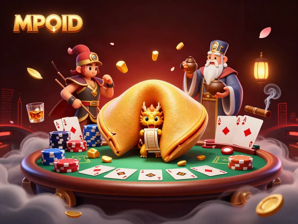 Engage with MPOID's vibrant casino scene featuring a golden fortune cookie and poker elements.