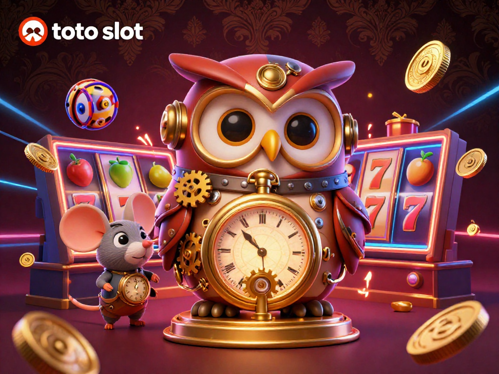 Menggali keberuntungan dengan toto slot di kasino, menampilkan karakter burung hantu dan tikus berbagi momen ceria.