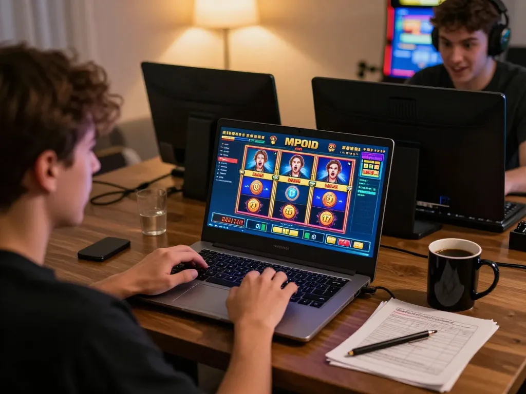 MPOID slots player enjoying a thrilling online gaming session at home with vibrant visuals.