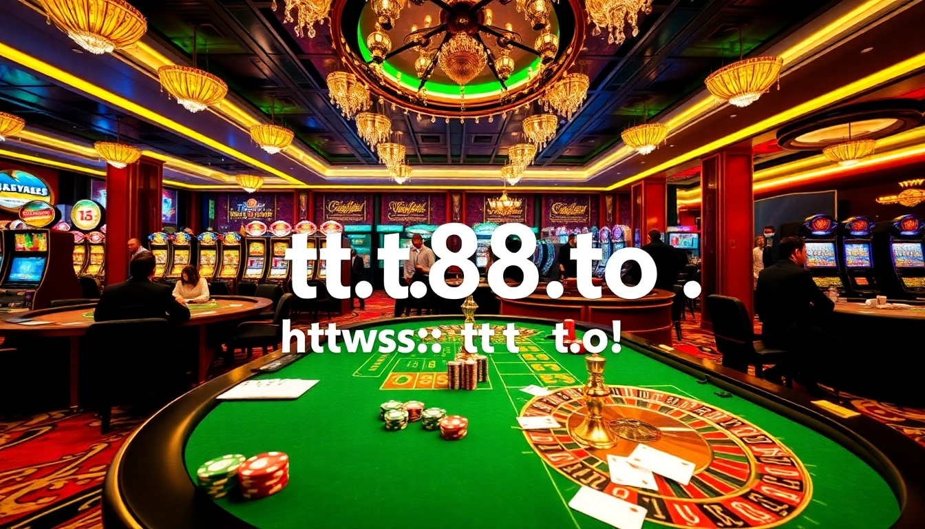 Experience the thrill of gambling at https://tt88.to/ as players engage around a luxurious casino table with roulette wheels and poker chips.