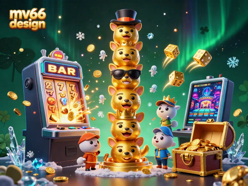 Experience the thrilling gameplay of mv66 design with a vibrant 3D casino illustration showcasing slot machines, coins, and dynamic characters.