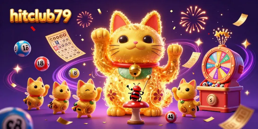 Experience the thrill of gaming with hitclub79's vibrant casino-themed illustration featuring a lucky cat and dynamic game elements.