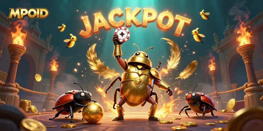 MPOID showcases a victorious beetle character celebrating a jackpot in a thrilling casino atmosphere.