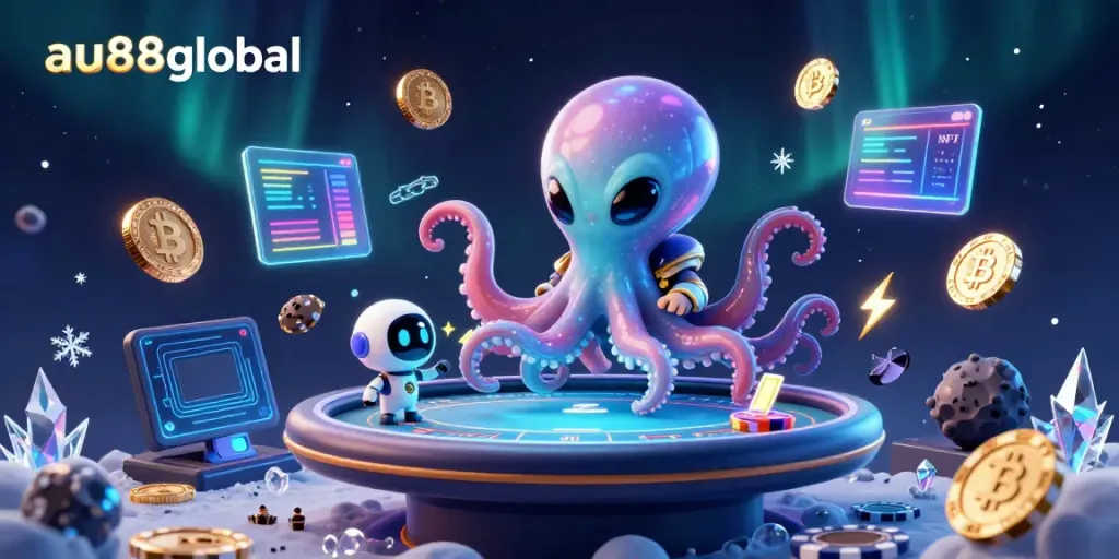 Engage with thrilling poker games at au88global, featuring an alien octopus dealer and vibrant space elements.