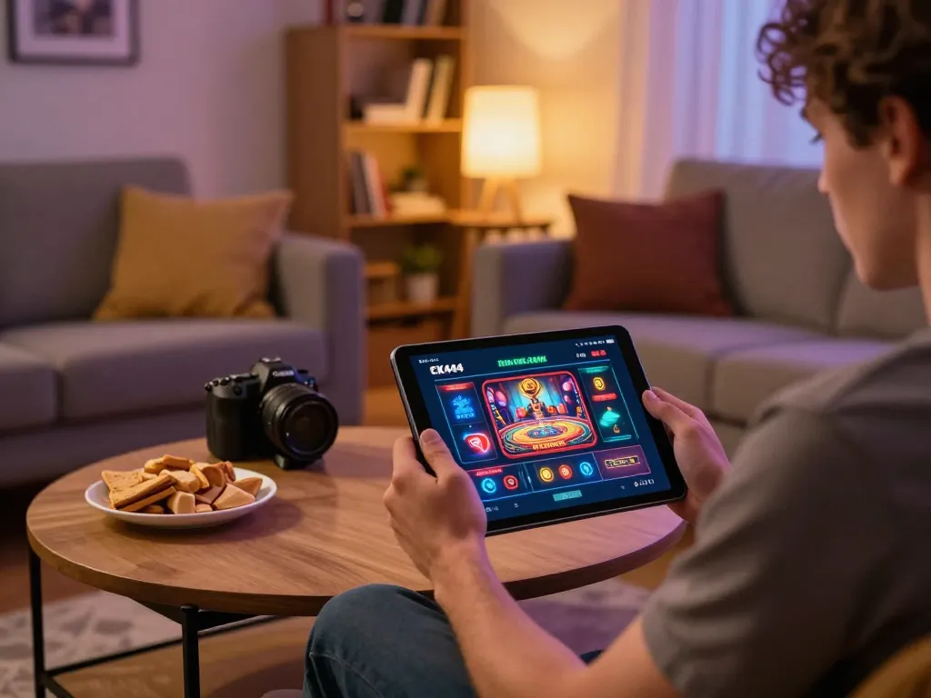 Engaging user playing on CK444's online casino platform on a tablet, highlighting responsible gaming.