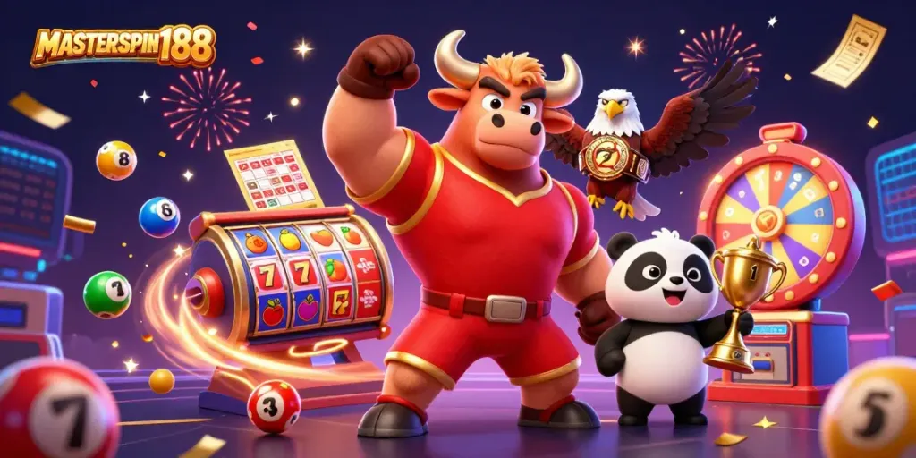 Experience the energy of MASTERSPIN188 with a victorious bull mascot amidst vibrant slot reels and festive casino elements.