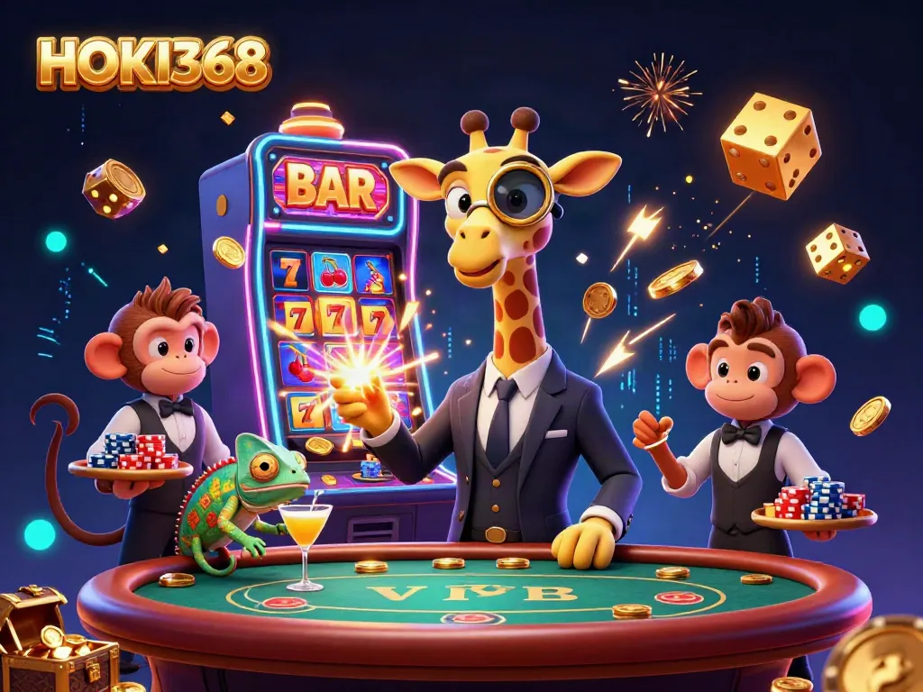 Experience HOKI368 with a playful high-roller giraffe and exciting casino elements.