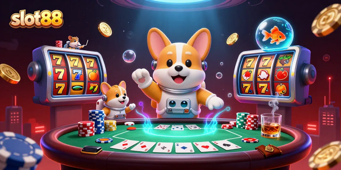 Spin the slot88 reels for fun as the 3D corgi and friends enjoy a cosmic casino adventure.