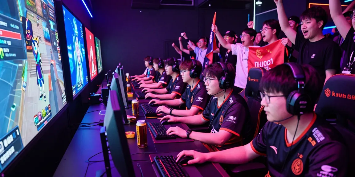 Situasi kompetisi esports ligagalaxy dengan gamer bersemangat dalam atmosfer penuh semangat di venue yang ramai.