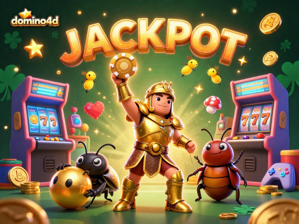 domino4d menampilkan jackpot dengan karakter menarik, belalang dan bola emas dalam ilustrasi kasino