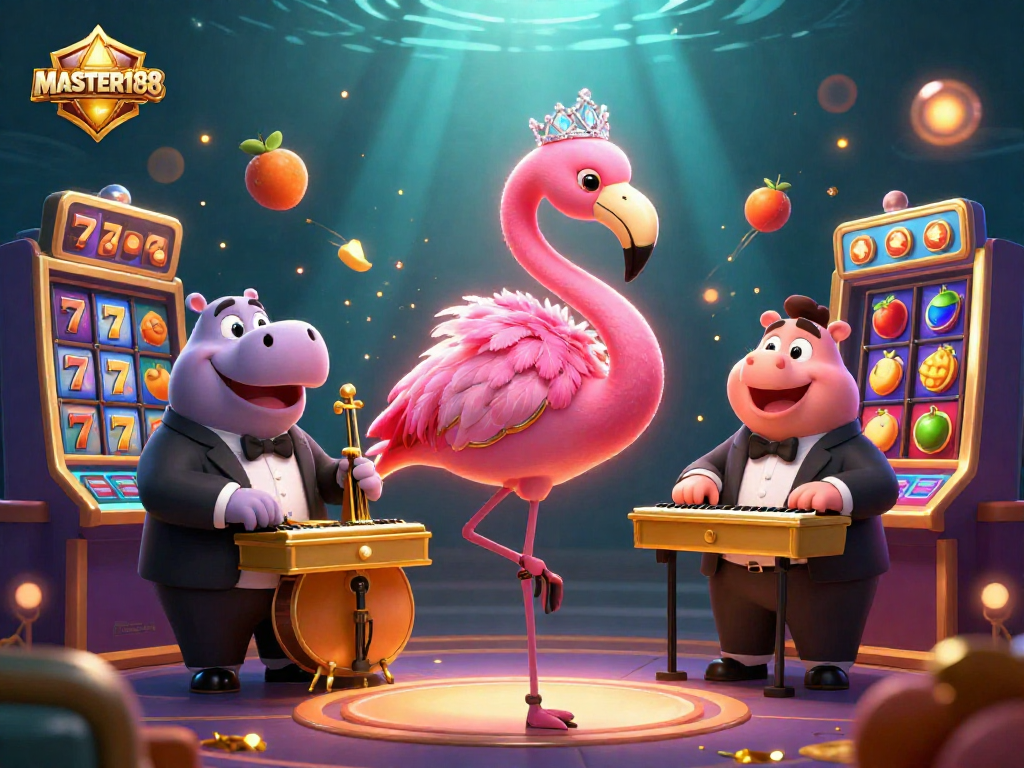 Win big with MASTER188 in a vibrant casino scene filled with slot symbols and dynamic motion.