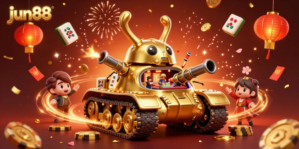 Experience the excitement of jun88 with a vibrant casino scene featuring a golden beetle tank and joyful celebrations.