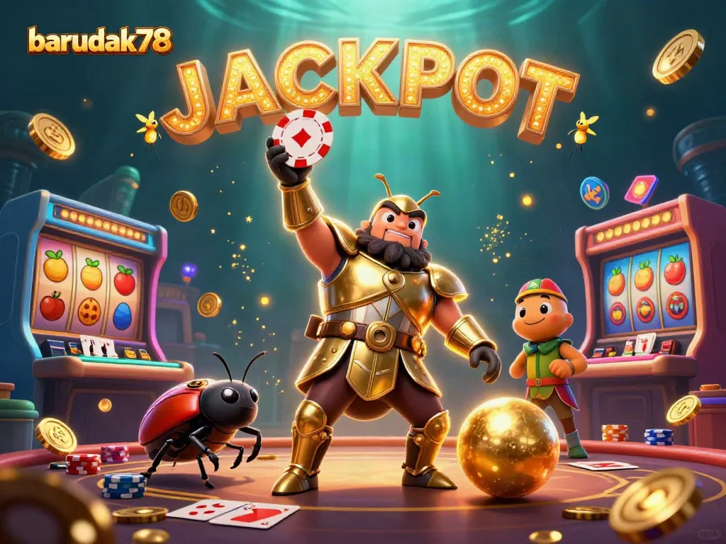 Barudak78 menghadirkan momen kemenangan dengan chip poker dan keberuntungan di latar belakang kasino.