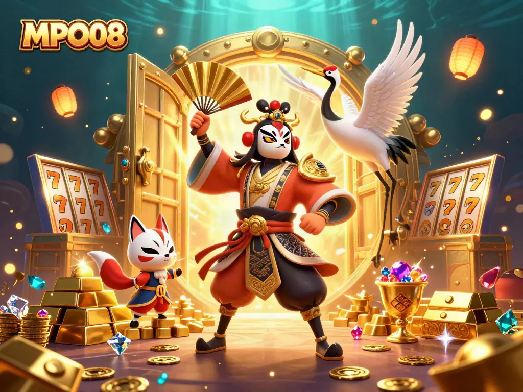 Win big with MPO08 as colorful, dynamic slot game characters surround golden treasure!