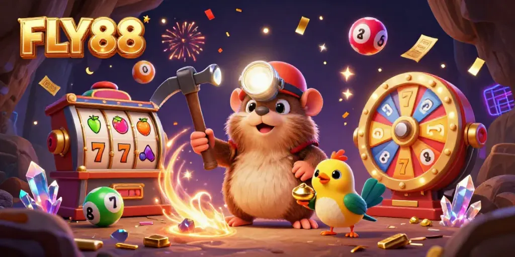 Experience FLY88's adventurous spirit as a treasure hunter mole discovers vibrant casino wins in a thrilling 3D scene.