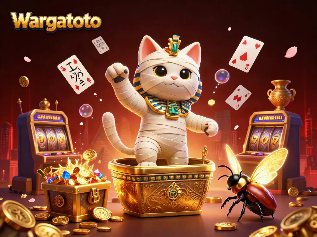 Wargatoto menampilkan kucing mummy Mesir 3D dalam kasino piramida, simbol keberuntungan dan permainan yang menarik.