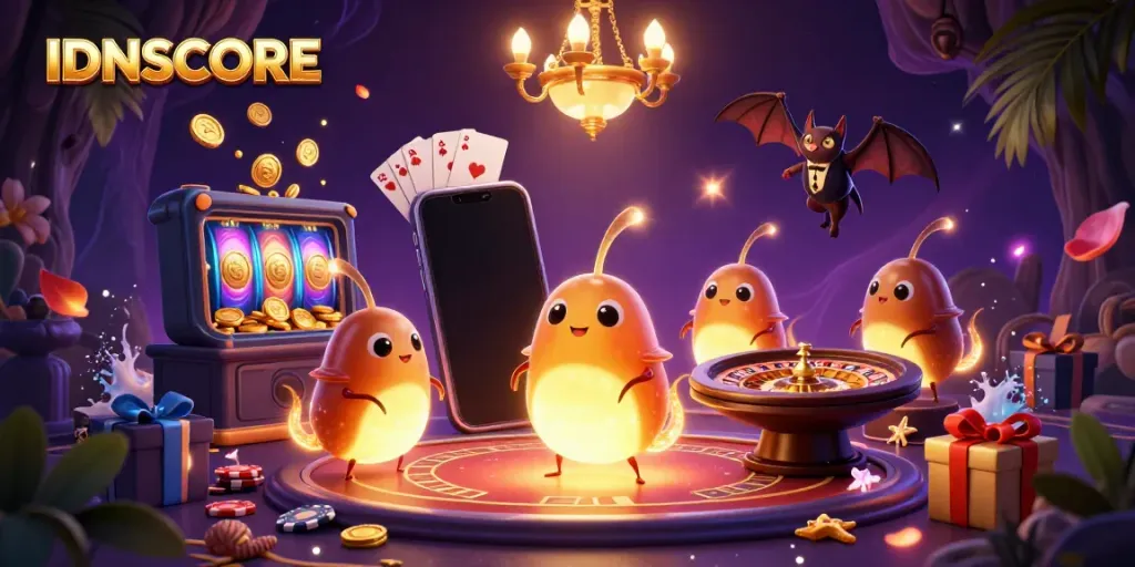 Experience the vibrant glow of IDNSCORE as glowing worms illuminate a cave casino filled with games and excitement.