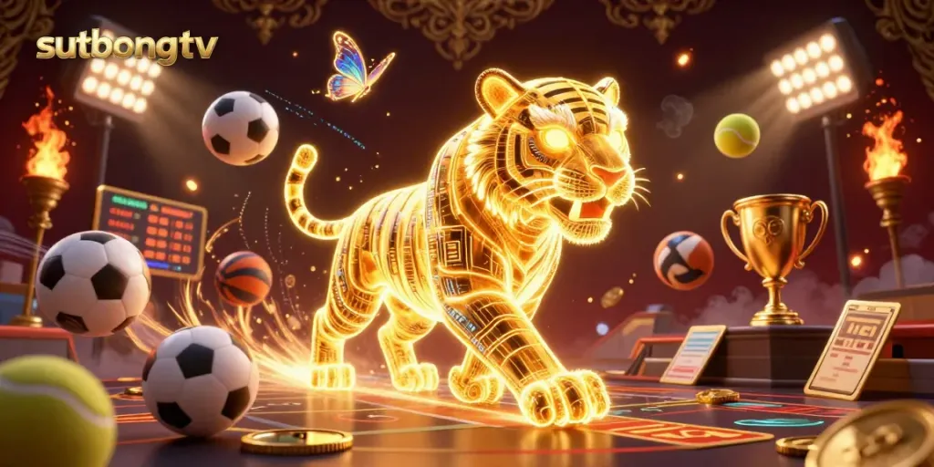 Sutbongtv showcases a golden tiger in a digital casino with dynamic sports elements.