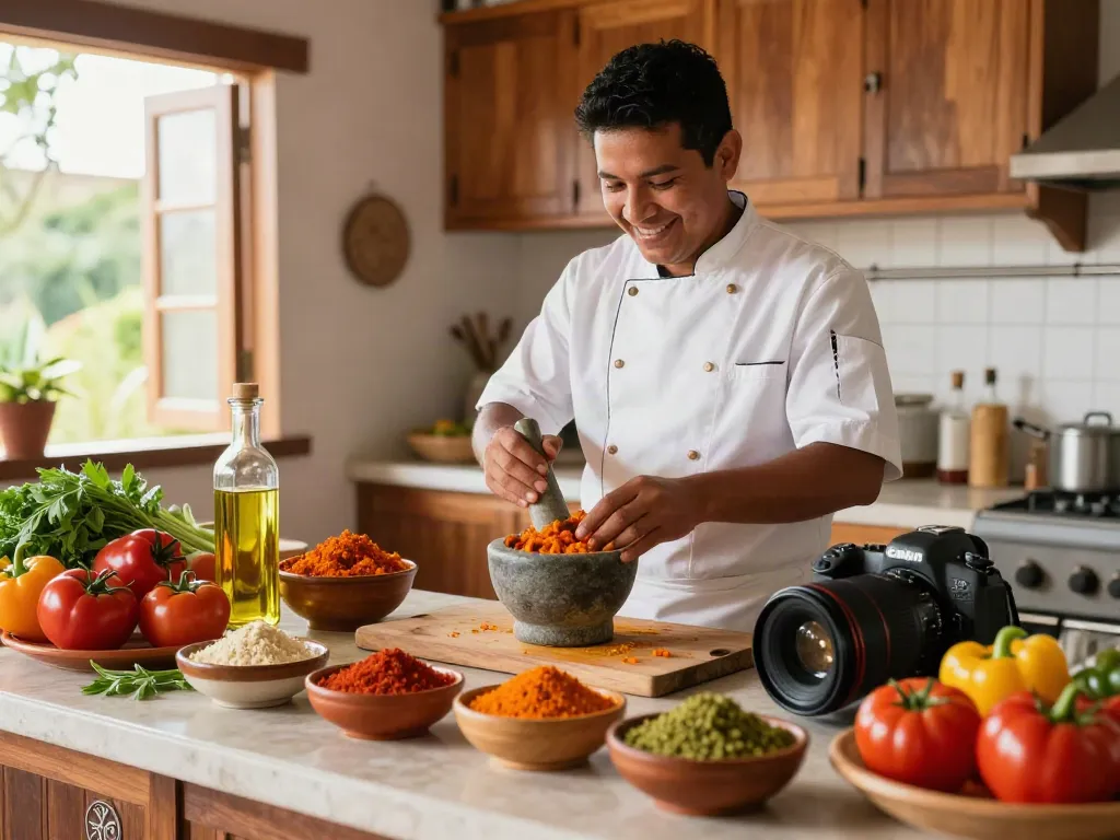 Chef menggunakan annatto untuk memasak masakan tradisional di dapur dengan bahan-bahan segar, menciptakan suasana yang ceria.