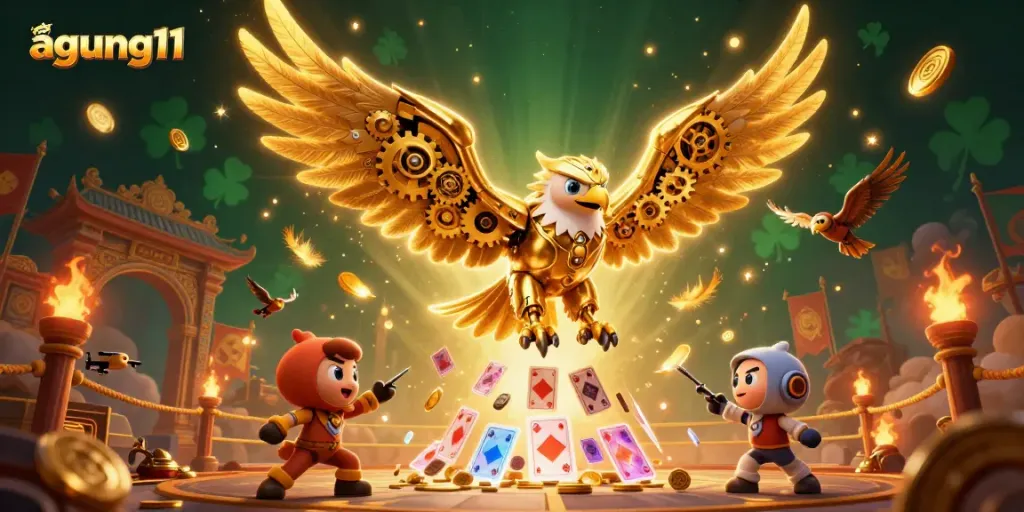 Engage in thrilling casino action with agung11, featuring a cybernetic eagle and holographic cards.