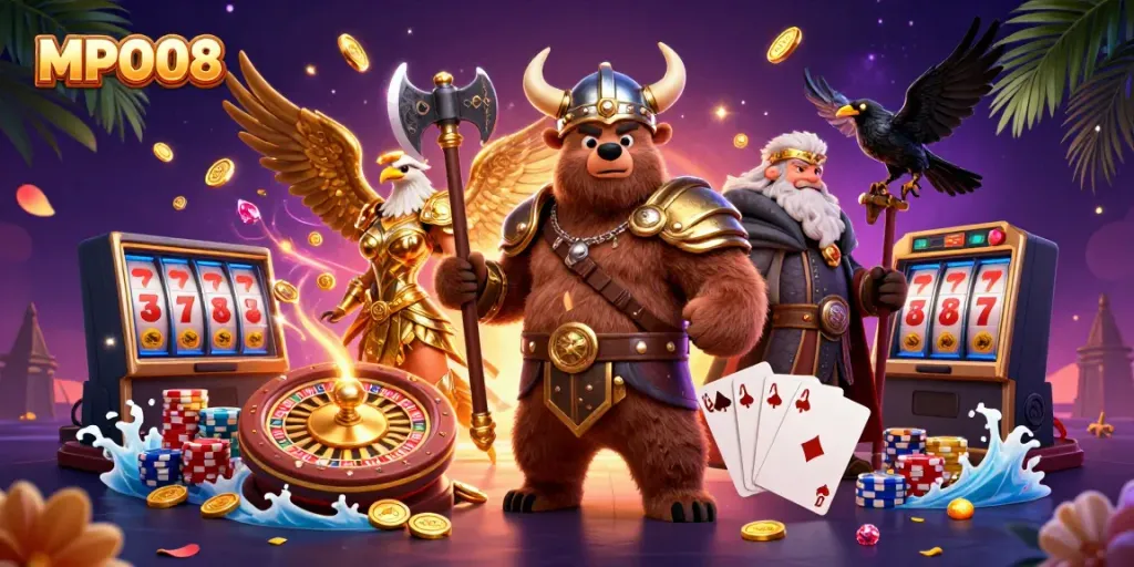 Spin the 3D MPO08 casino scene with vibrant elements and characters in action.