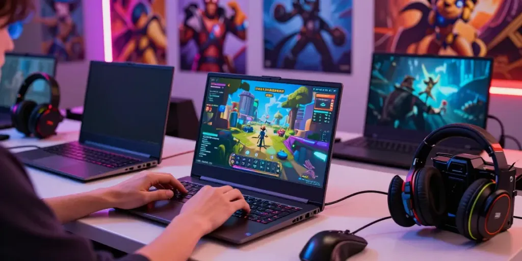 Pengguna totowin88 bermain game online dengan laptop yang menampilkan grafis menarik.
