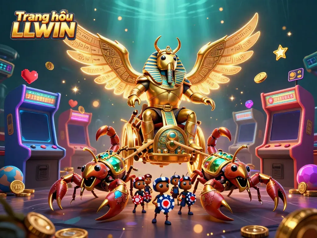 Engage with high-stakes gaming on Trang chủ LLWIN featuring a majestic golden scarab beetle and vibrant casino elements.