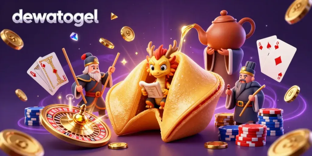 Menghadirkan dewatogel, gambar ilustrasi lotere online dengan karakter kartun, koin emas, dan elemen permainan kasino lainnya.