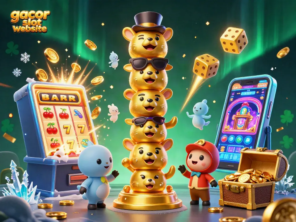 Engage with gacor slot website through exciting 3D slot machine and characters in a vibrant casino setting.