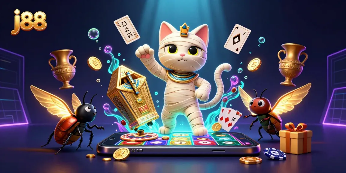 Engage with the thrilling j88 experience in a vibrant casino scene featuring a mummy cat and a scarab beetle.