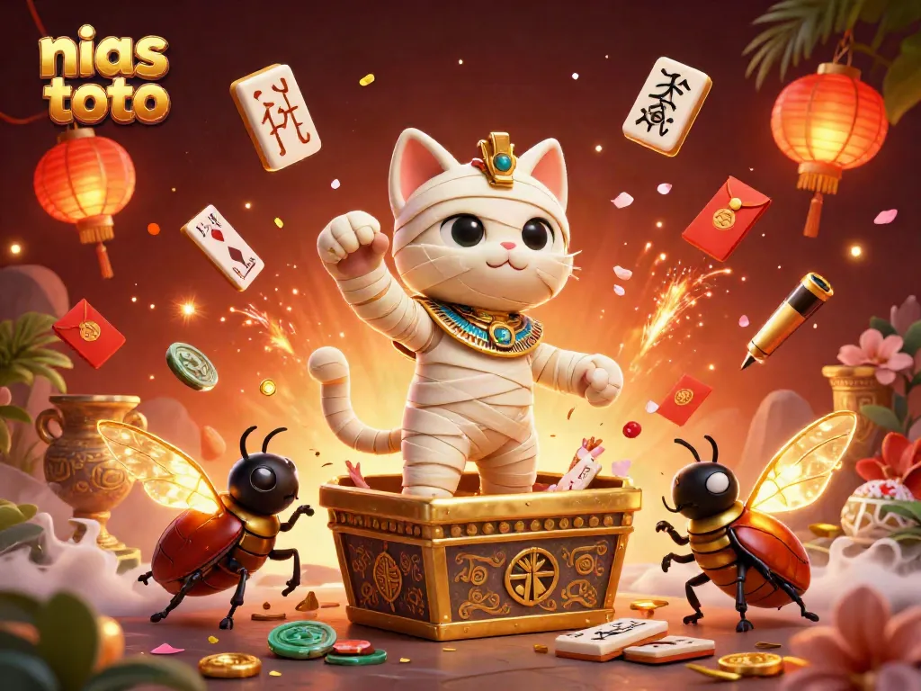 Gambarkan pengalaman menang di nias toto dengan mumi kucing dan elemen judi kasino yang meriah.
