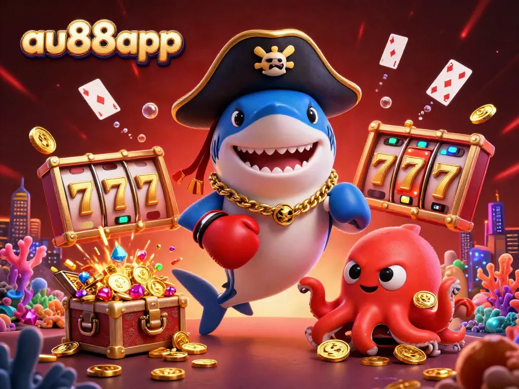 Engage with the exciting gameplay of au88app featuring a cartoon pirate shark, pufferfish, and octopus surrounded by vibrant casino elements.