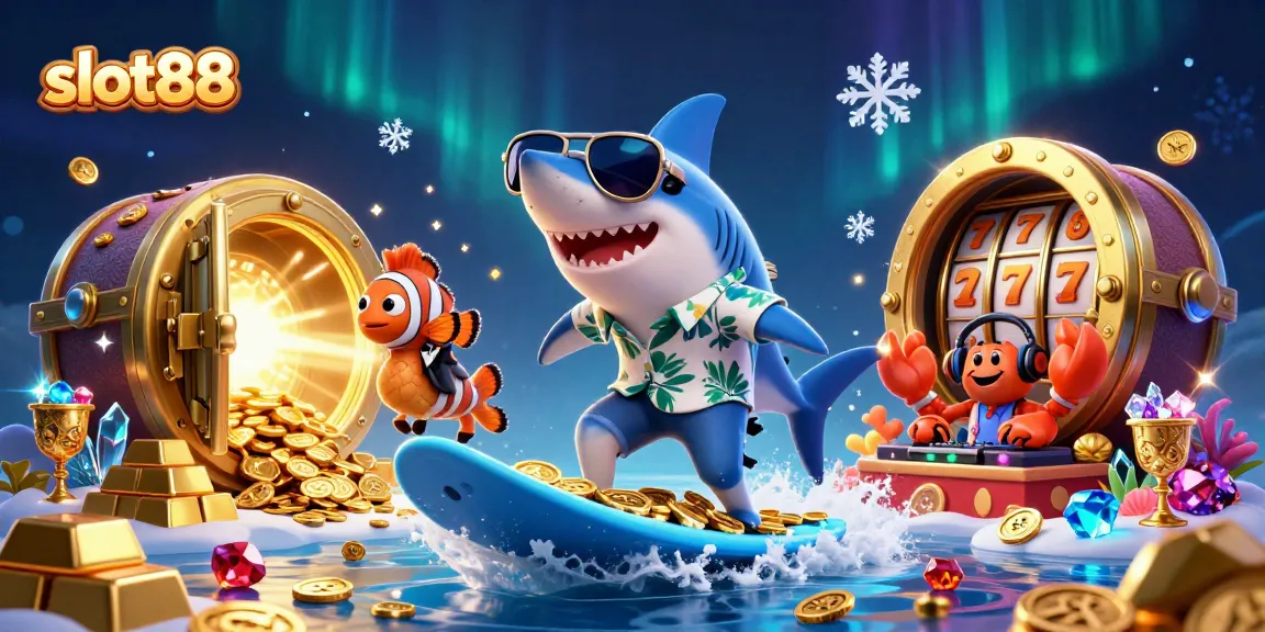 Experience slot88 excitement with a 3D hammer-head shark surfing on gold coins, symbolizing thrilling jackpots.