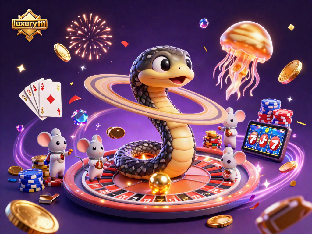 Experience luxury111 with a vibrant 3D casino scene featuring a roulette wheel, betting astronaut mice, and golden jellyfish in action.