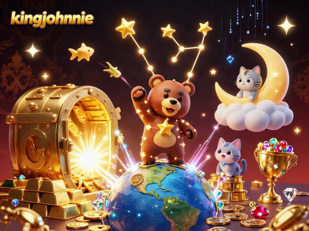 Experience thrilling gameplay at kingjohnnie as a constellation bear gathers golden coins in a vibrant casino universe.