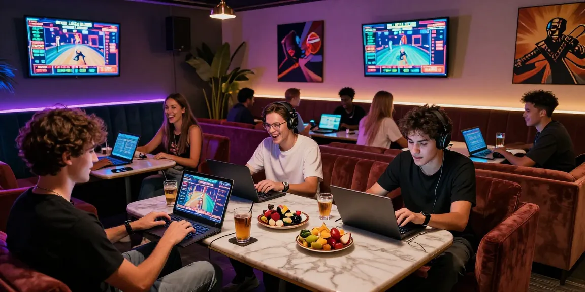 Pengalaman bermain LUXURY777 di lounge gaming mewah dengan pencahayaan LED dan suasana ceria.