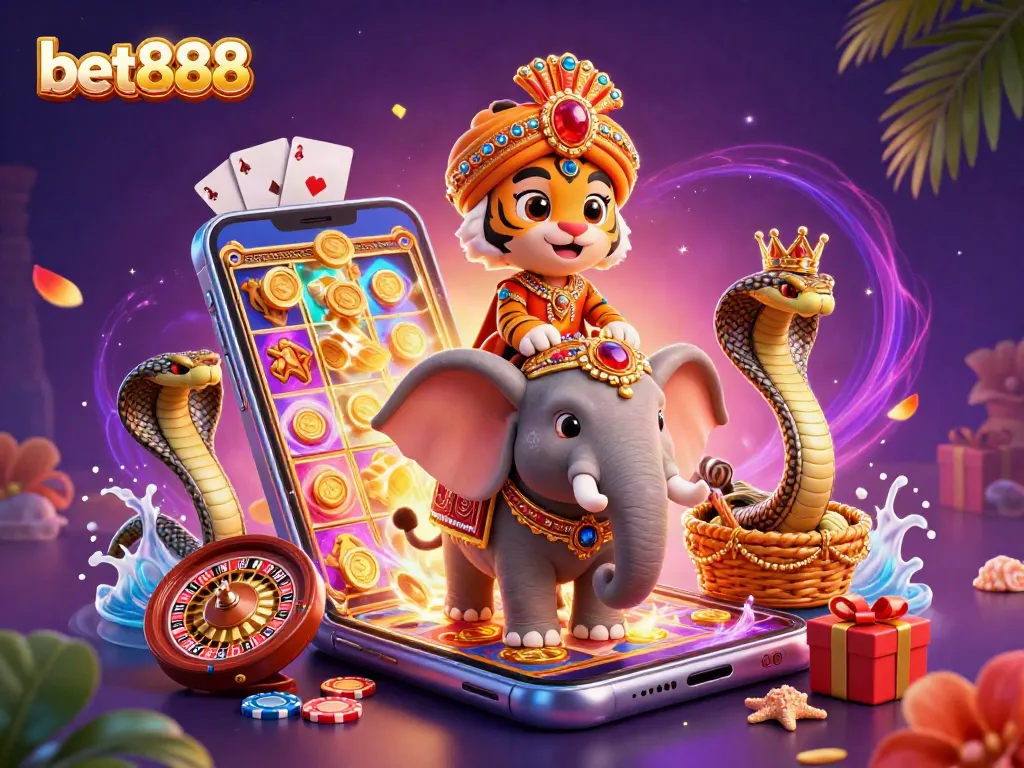 Win big with bet888 by spinning colorful slot reels in this vibrant casino illustration